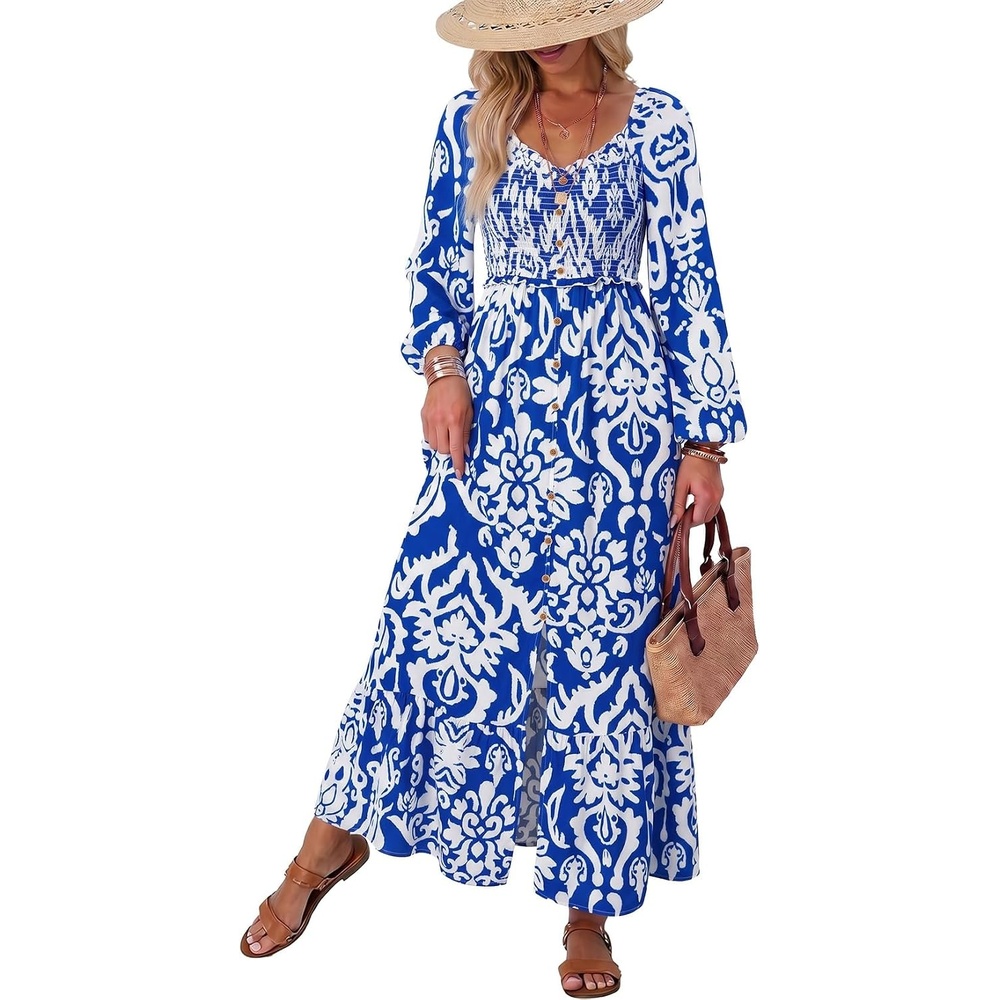 image:imageDokotoo Womens Dresses Boho Floral Smocked Empire Waist Square Neck Long Sleeve Button Maxi Dress Beach Vacation SundressesDark Blue