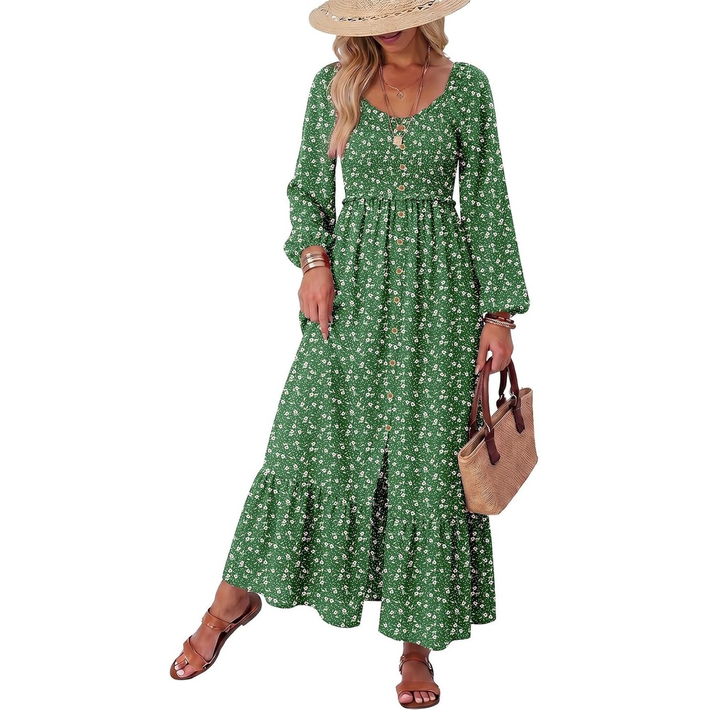 image:imageDokotoo Womens Dresses Boho Floral Smocked Empire Waist Square Neck Long Sleeve Button Maxi Dress Beach Vacation SundressesGreen 10920