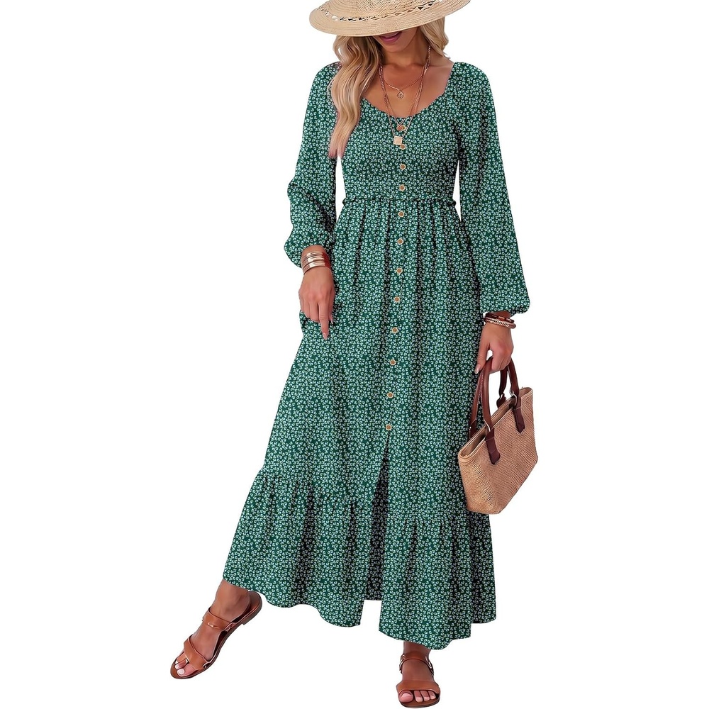 image:imageDokotoo Womens Dresses Boho Floral Smocked Empire Waist Square Neck Long Sleeve Button Maxi Dress Beach Vacation SundressesGreen