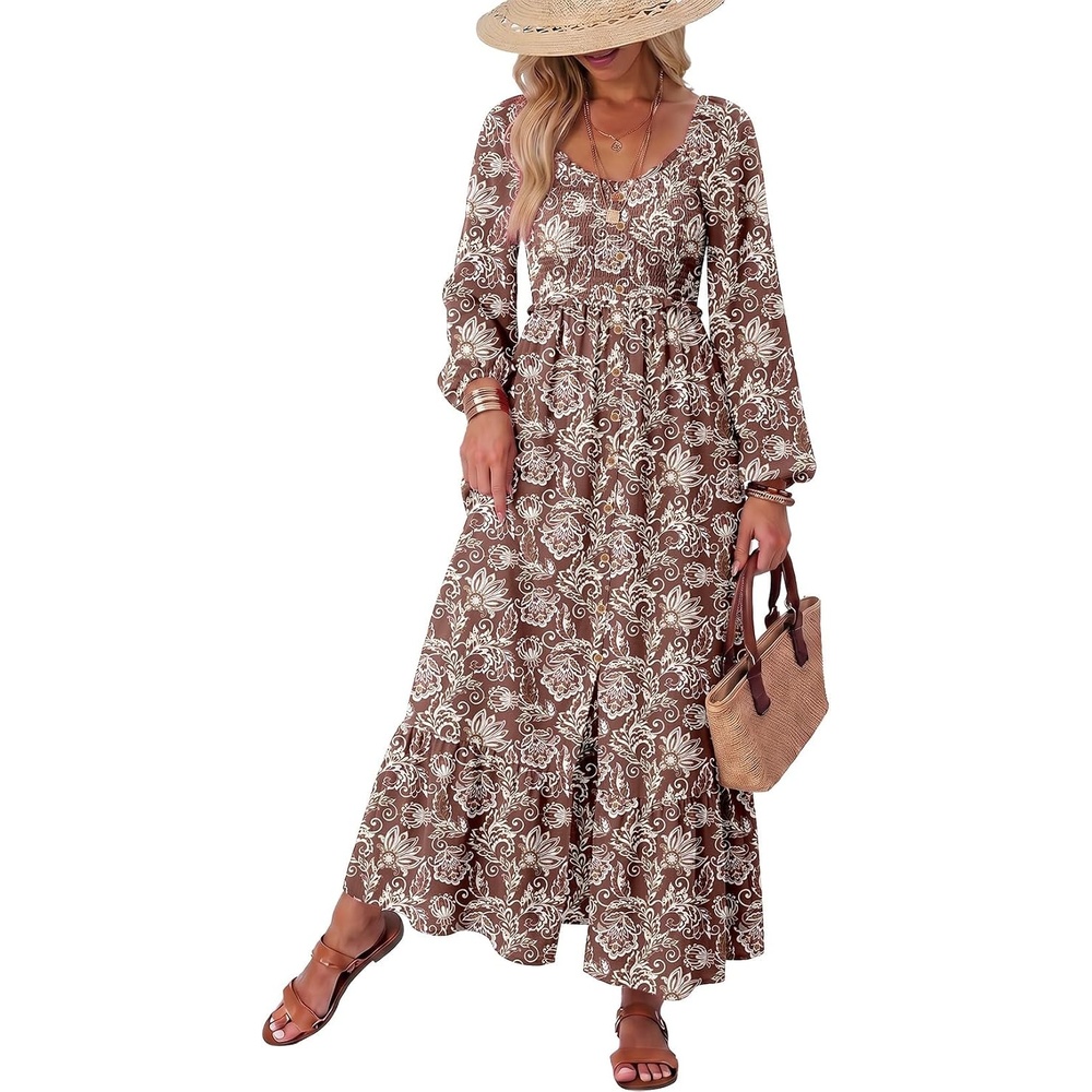 image:imageDokotoo Womens Dresses Boho Floral Smocked Empire Waist Square Neck Long Sleeve Button Maxi Dress Beach Vacation SundressesLight Brown