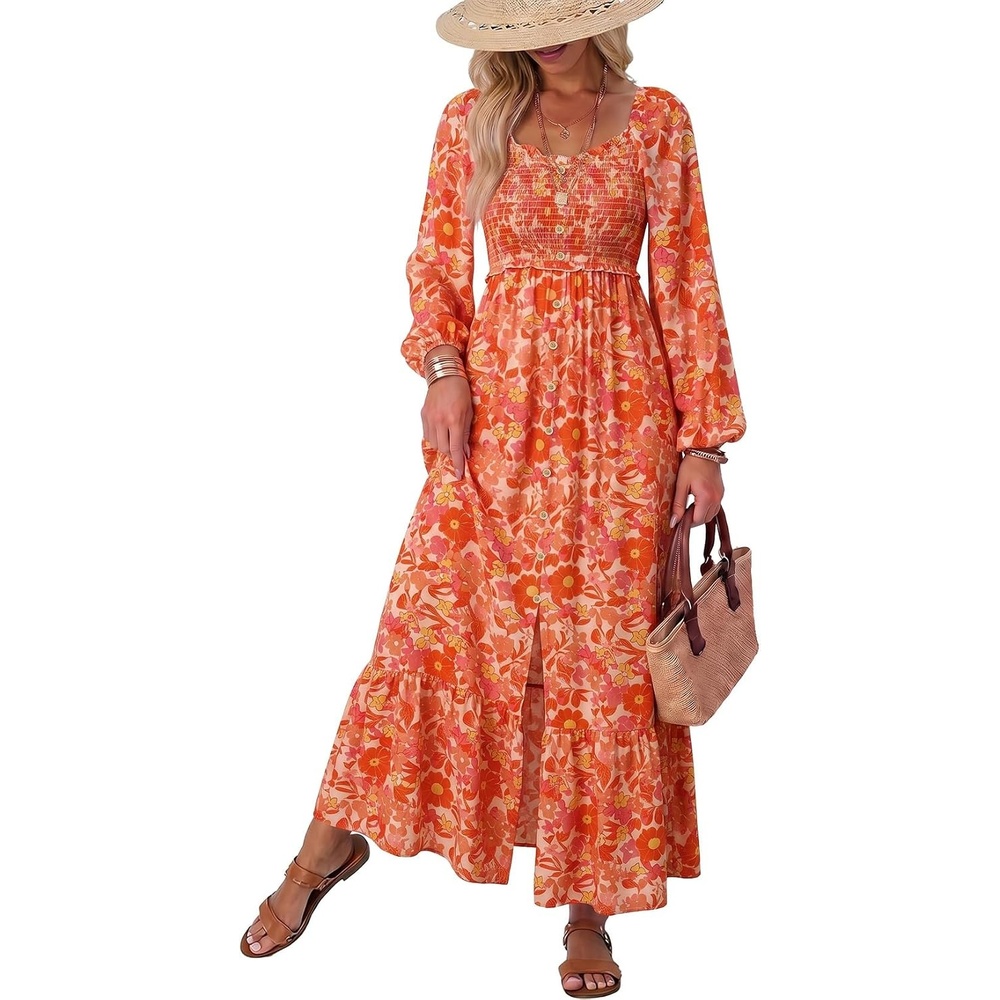 image:imageDokotoo Womens Dresses Boho Floral Smocked Empire Waist Square Neck Long Sleeve Button Maxi Dress Beach Vacation SundressesOrange