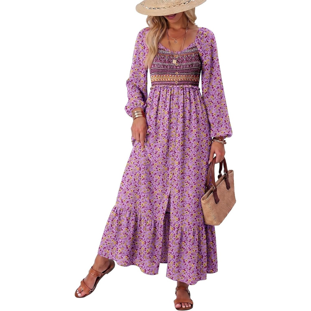 image:imageDokotoo Womens Dresses Boho Floral Smocked Empire Waist Square Neck Long Sleeve Button Maxi Dress Beach Vacation SundressesPurple