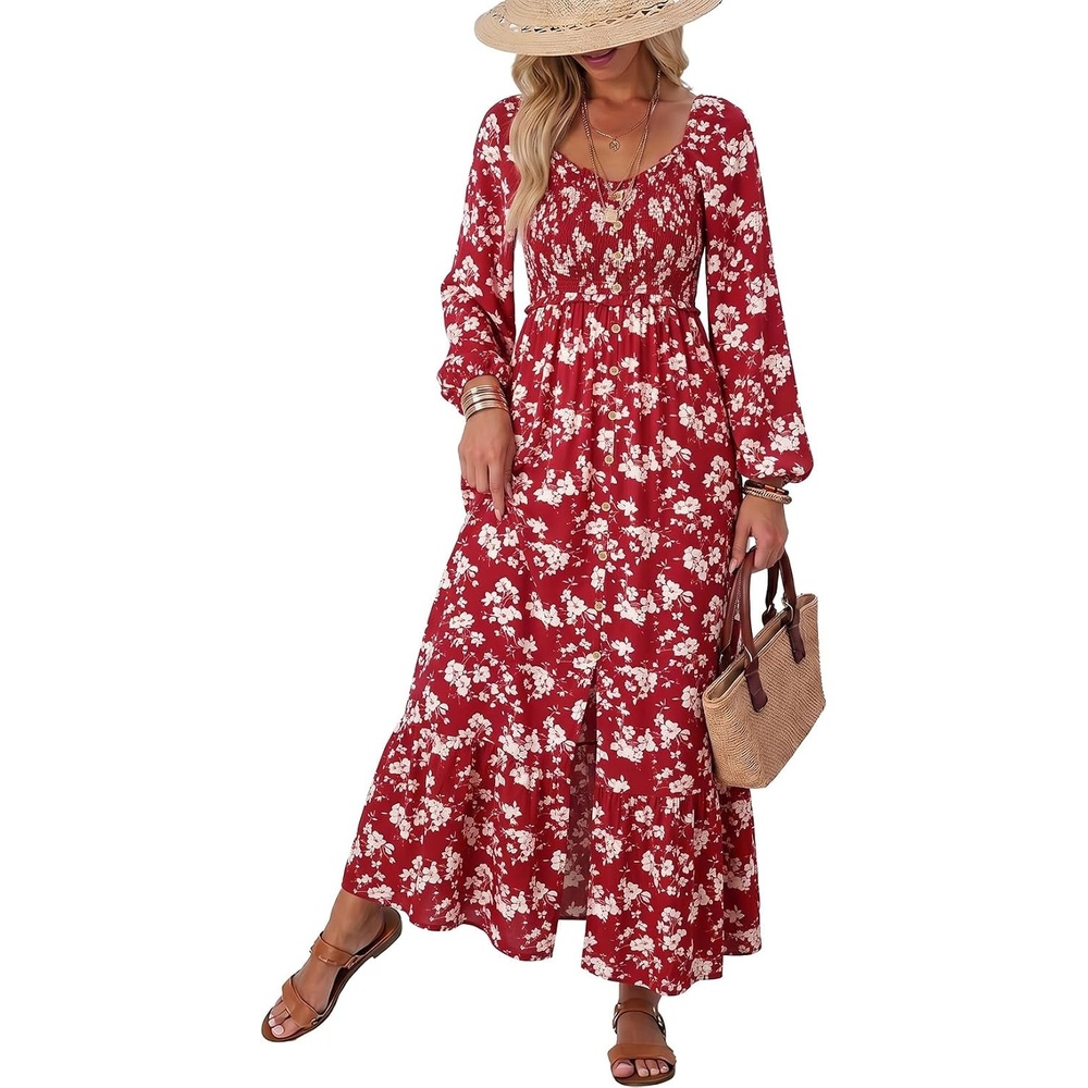 image:imageDokotoo Womens Dresses Boho Floral Smocked Empire Waist Square Neck Long Sleeve Button Maxi Dress Beach Vacation SundressesRed