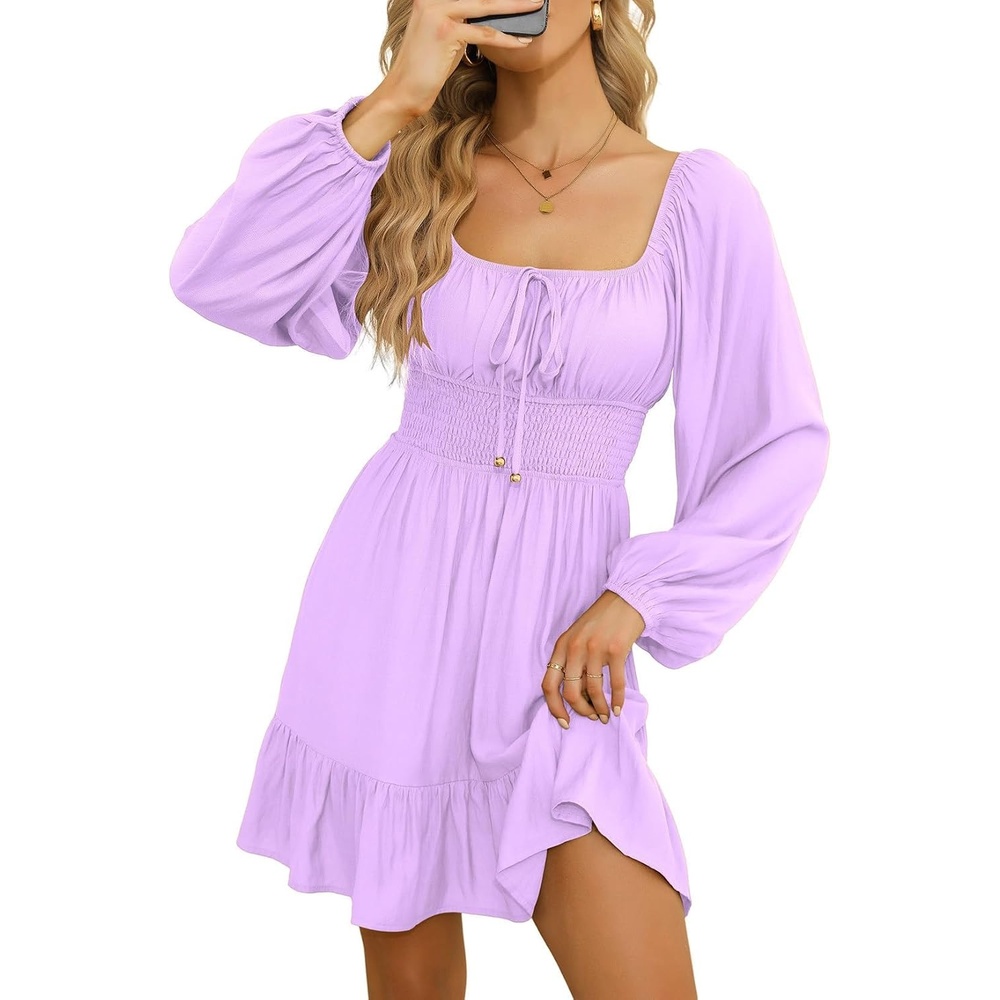 image:imageDokotoo Womens Dresses Fashion 2026 Long Puff Sleeve Elastic Waist ALine Casual Mini Beach DressPurple
