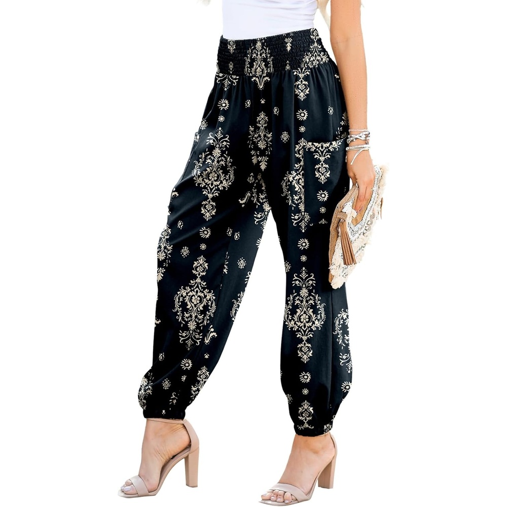 image:imageDokotoo Womens Fall Boho Business Casual Smocked 2026 High Waisted PantsBlack Floral