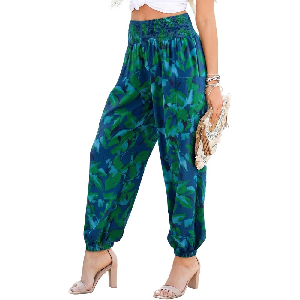 image:imageDokotoo Womens Fall Boho Business Casual Smocked 2026 High Waisted PantsGreen Floral