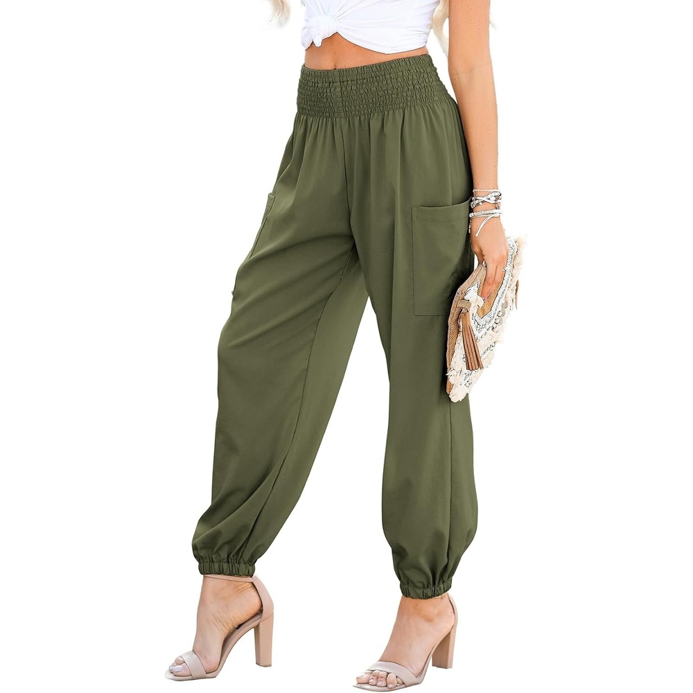 image:imageDokotoo Womens Fall Boho Business Casual Smocked 2026 High Waisted PantsJungle Green