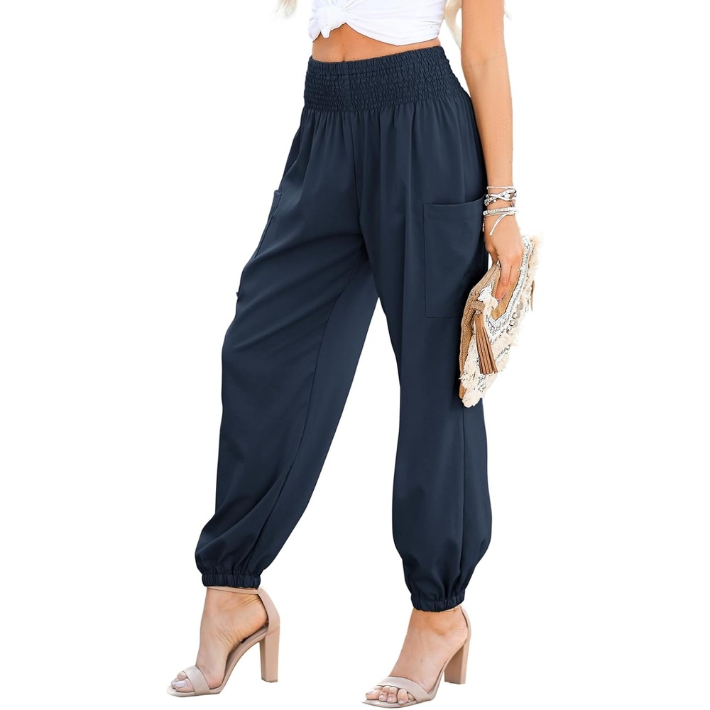 image:imageDokotoo Womens Fall Boho Business Casual Smocked 2026 High Waisted PantsNavy Blue