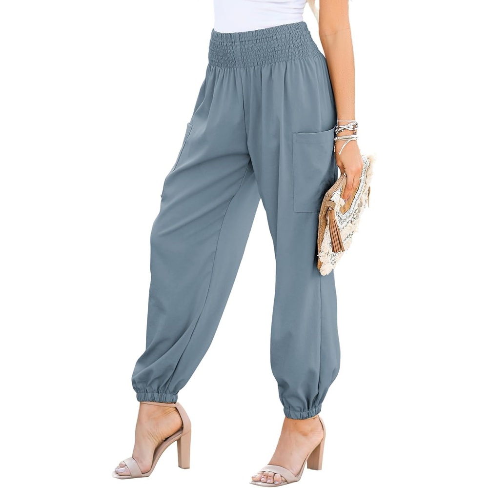 image:imageDokotoo Womens Fall Boho Business Casual Smocked 2026 High Waisted PantsStone Blue