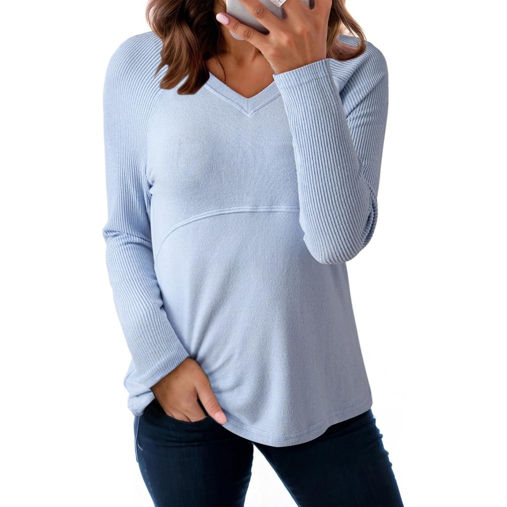 image:imageDokotoo Womens Fall Fashion 2026 Long Sleeve Shirts Basic Casual V Neck Solid Color Loose Fit Ribbed Knit Henley TShirts Blouse for Women Business Tee Tunic Tops Light Blue M