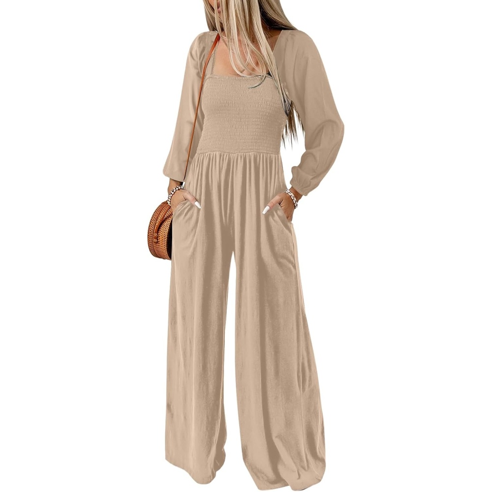 image:imageDokotoo Womens Jumpsuits One Piece Long Sleeve Wide Leg Long Pant RompersApricot