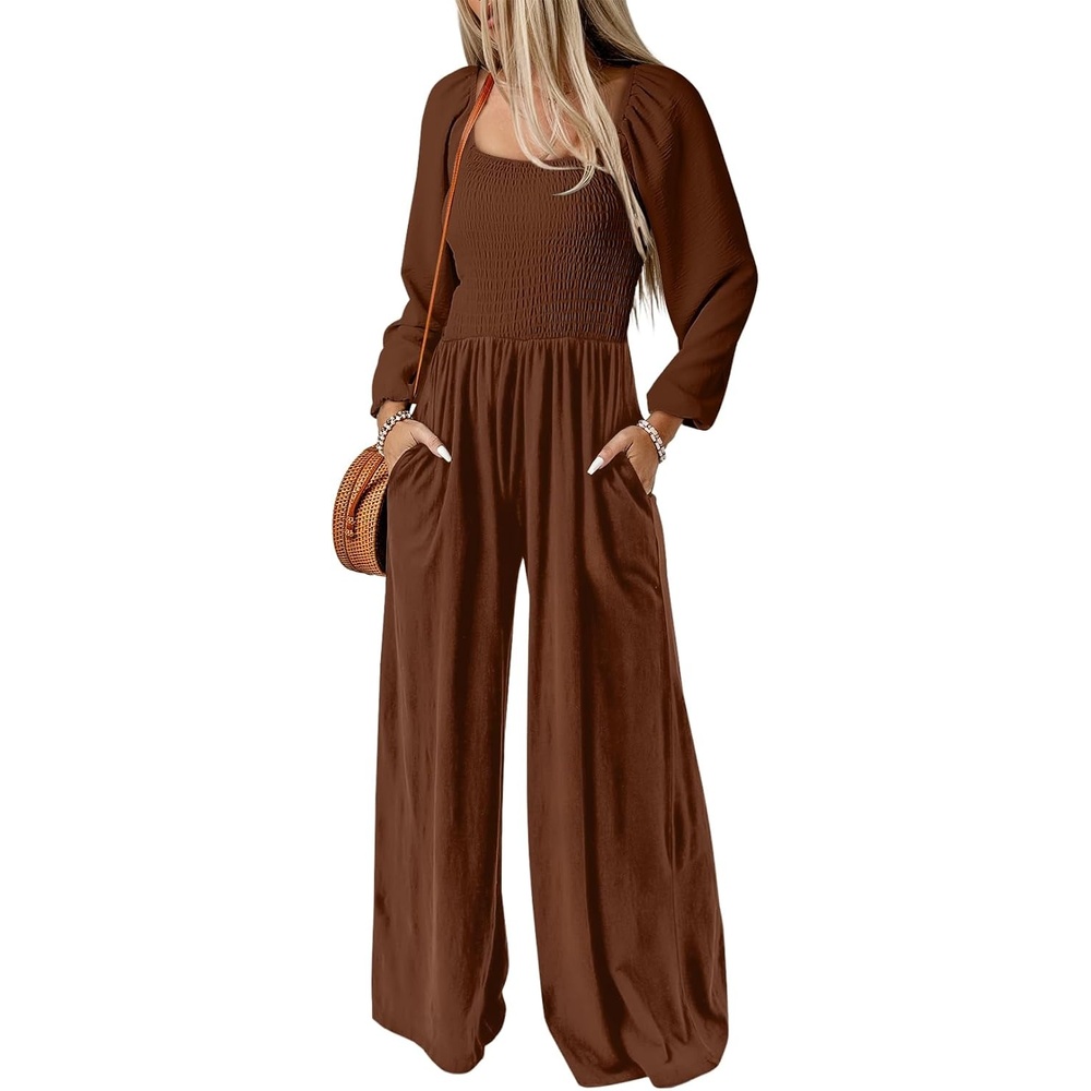 image:imageDokotoo Womens Jumpsuits One Piece Long Sleeve Wide Leg Long Pant RompersChestnut