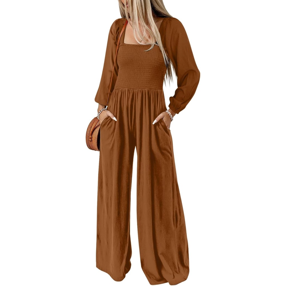 image:imageDokotoo Womens Jumpsuits One Piece Long Sleeve Wide Leg Long Pant RompersCoffee