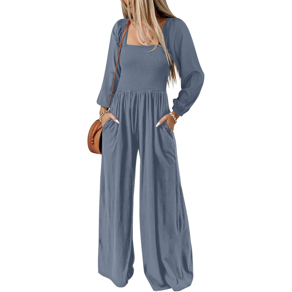 image:imageDokotoo Womens Jumpsuits One Piece Long Sleeve Wide Leg Long Pant RompersDusk Blue