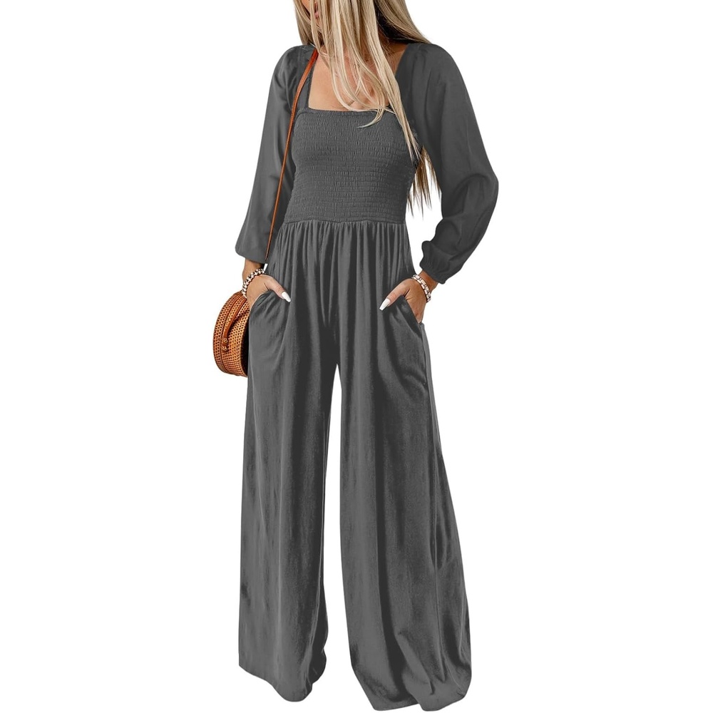 image:imageDokotoo Womens Jumpsuits One Piece Long Sleeve Wide Leg Long Pant RompersGray