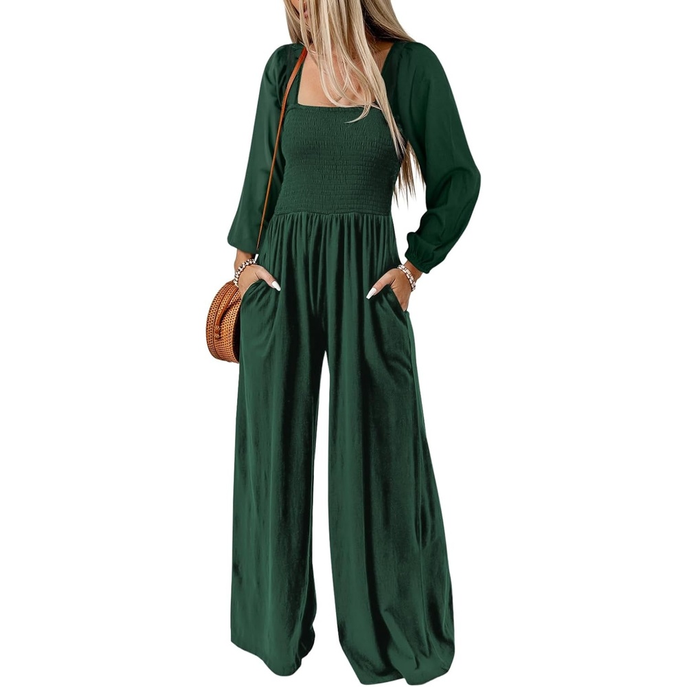 image:imageDokotoo Womens Jumpsuits One Piece Long Sleeve Wide Leg Long Pant RompersGreen
