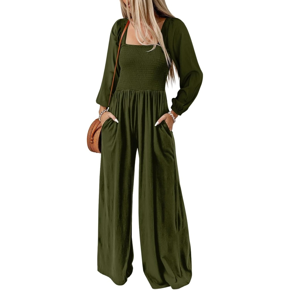 image:imageDokotoo Womens Jumpsuits One Piece Long Sleeve Wide Leg Long Pant RompersJungle Green