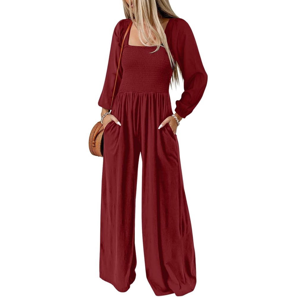 image:imageDokotoo Womens Jumpsuits One Piece Long Sleeve Wide Leg Long Pant RompersRed
