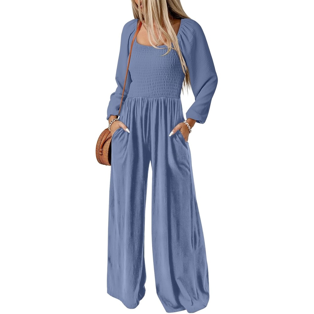 image:imageDokotoo Womens Jumpsuits One Piece Long Sleeve Wide Leg Long Pant RompersSky Blue