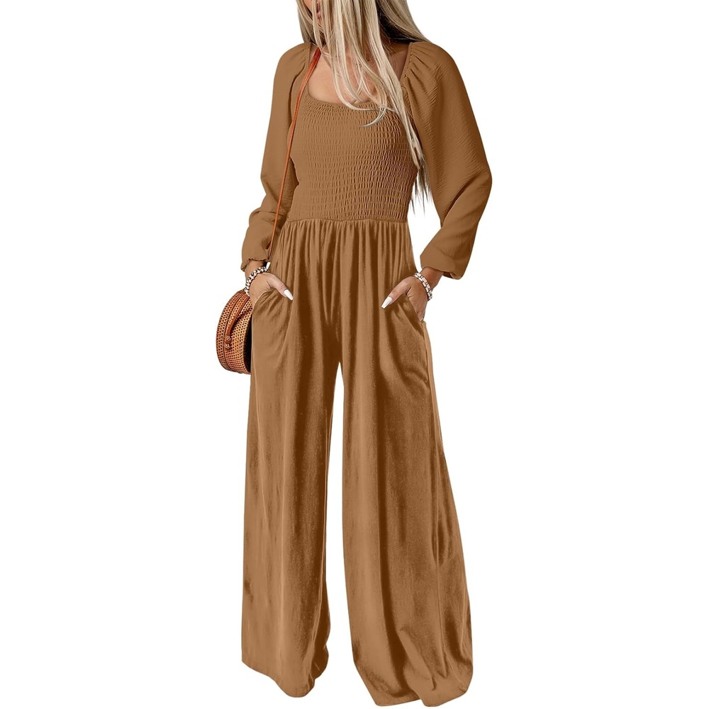 image:imageDokotoo Womens Jumpsuits One Piece Long Sleeve Wide Leg Long Pant RompersStraw Yellow