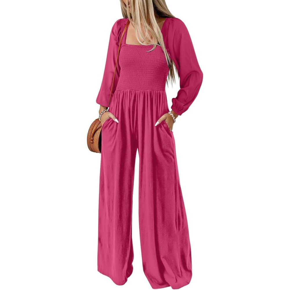 image:imageDokotoo Womens Jumpsuits One Piece Long Sleeve Wide Leg Long Pant RompersStrawberry Pink