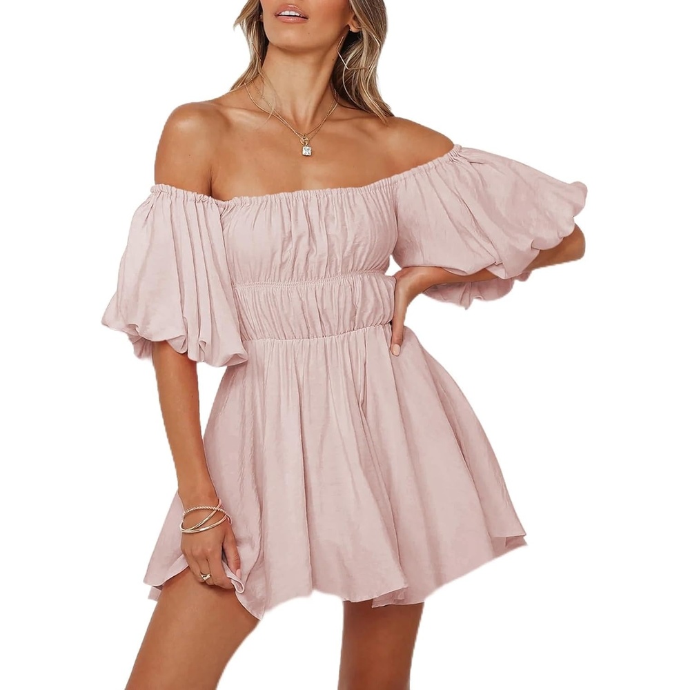 image:imageDokotoo Womens Off The Shoulder Elastic Waist Summer DressesA Pink