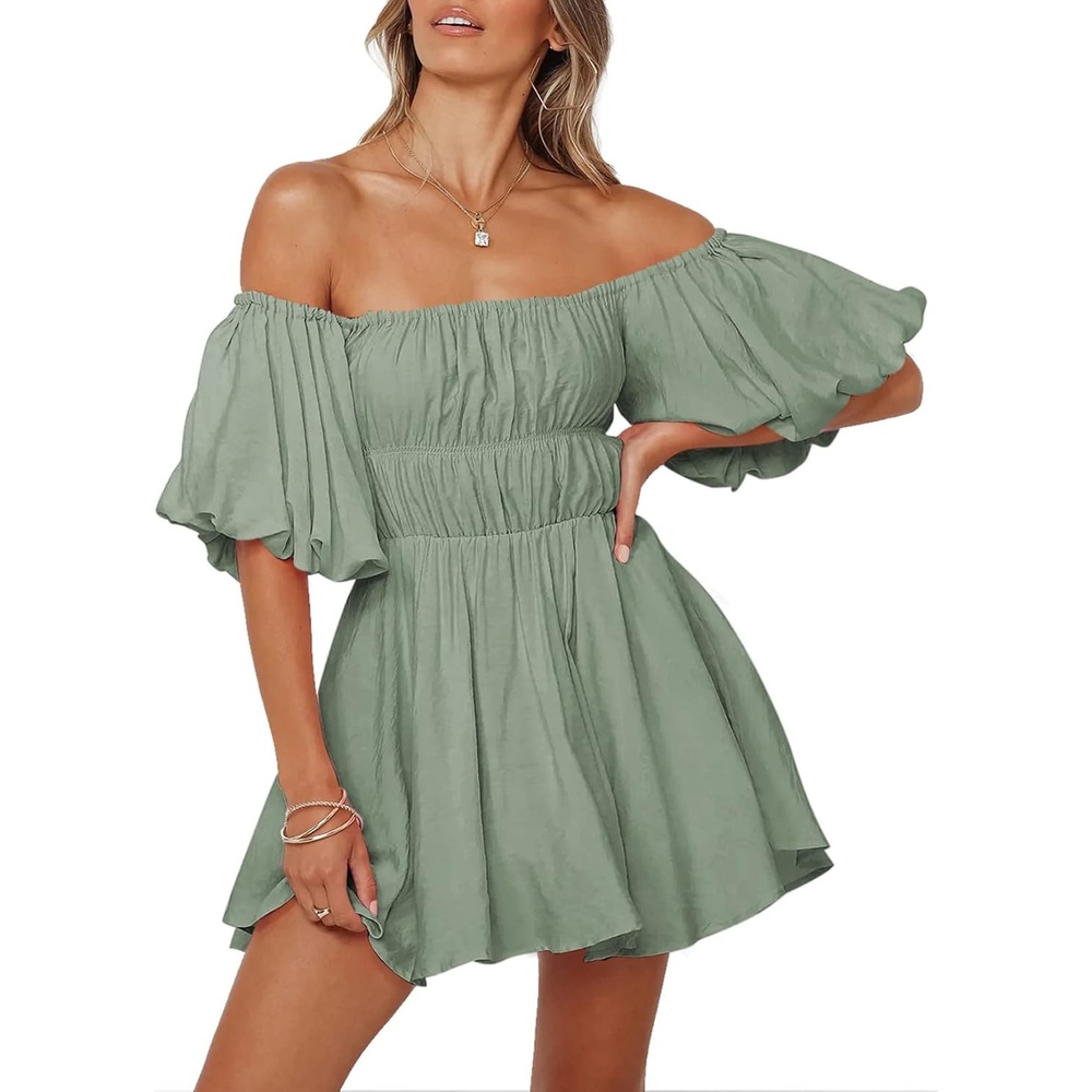image:imageDokotoo Womens Off The Shoulder Elastic Waist Summer DressesB Grey
