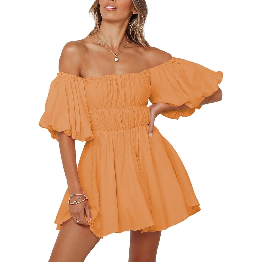 image:imageDokotoo Womens Off The Shoulder Elastic Waist Summer DressesD Orange