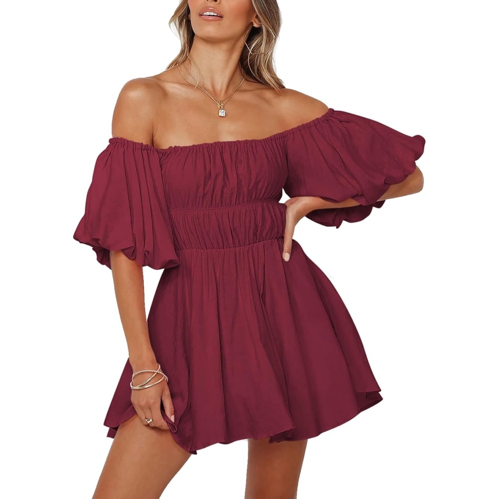image:imageDokotoo Womens Off The Shoulder Elastic Waist Summer DressesD Red