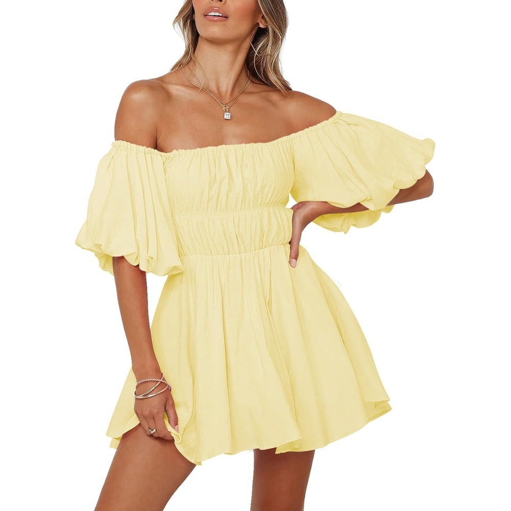 image:imageDokotoo Womens Off The Shoulder Elastic Waist Summer DressesD Yellow