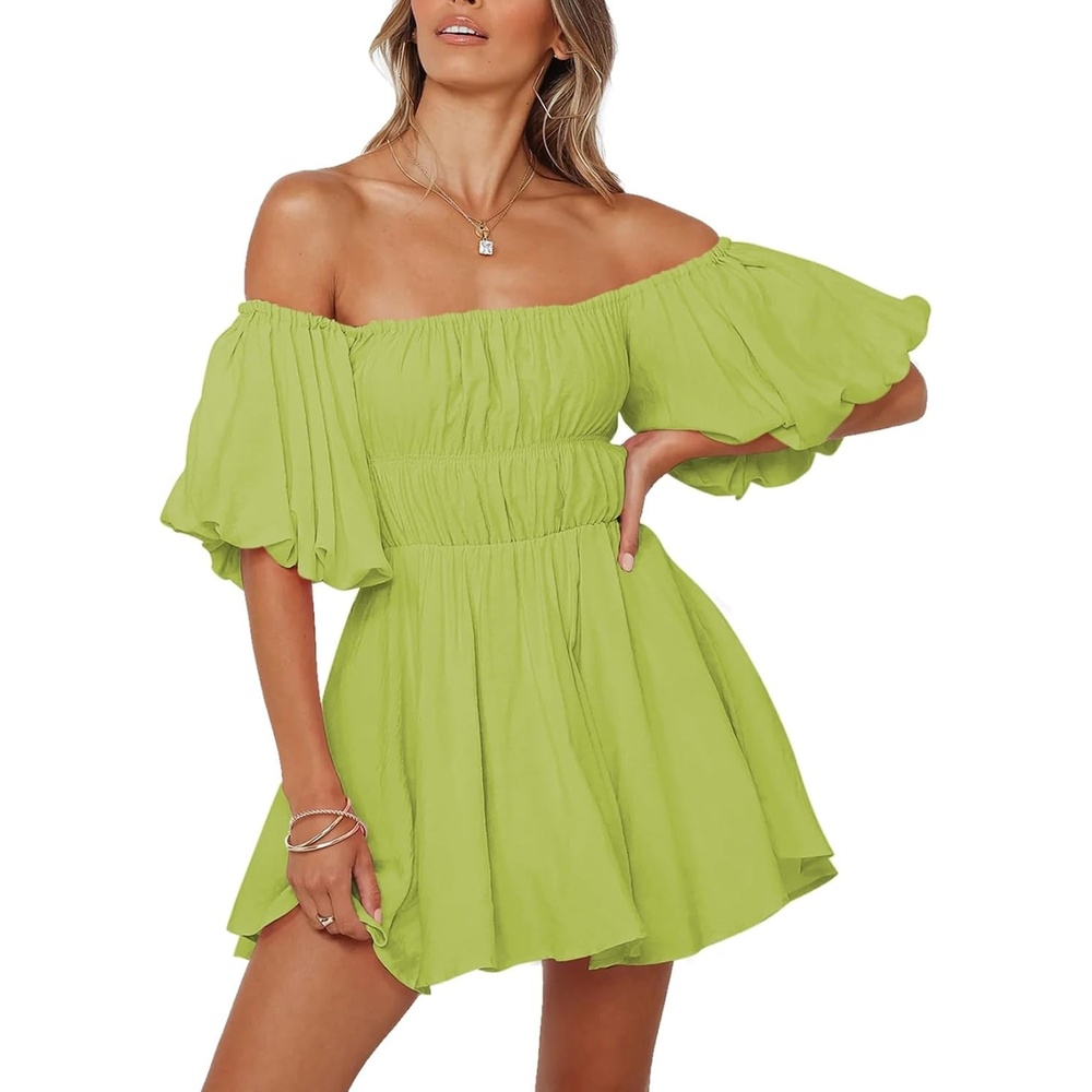 image:imageDokotoo Womens Off The Shoulder Elastic Waist Summer DressesD1 Green