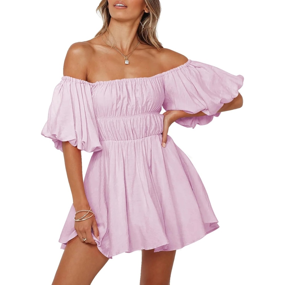 image:imageDokotoo Womens Off The Shoulder Elastic Waist Summer DressesPurple