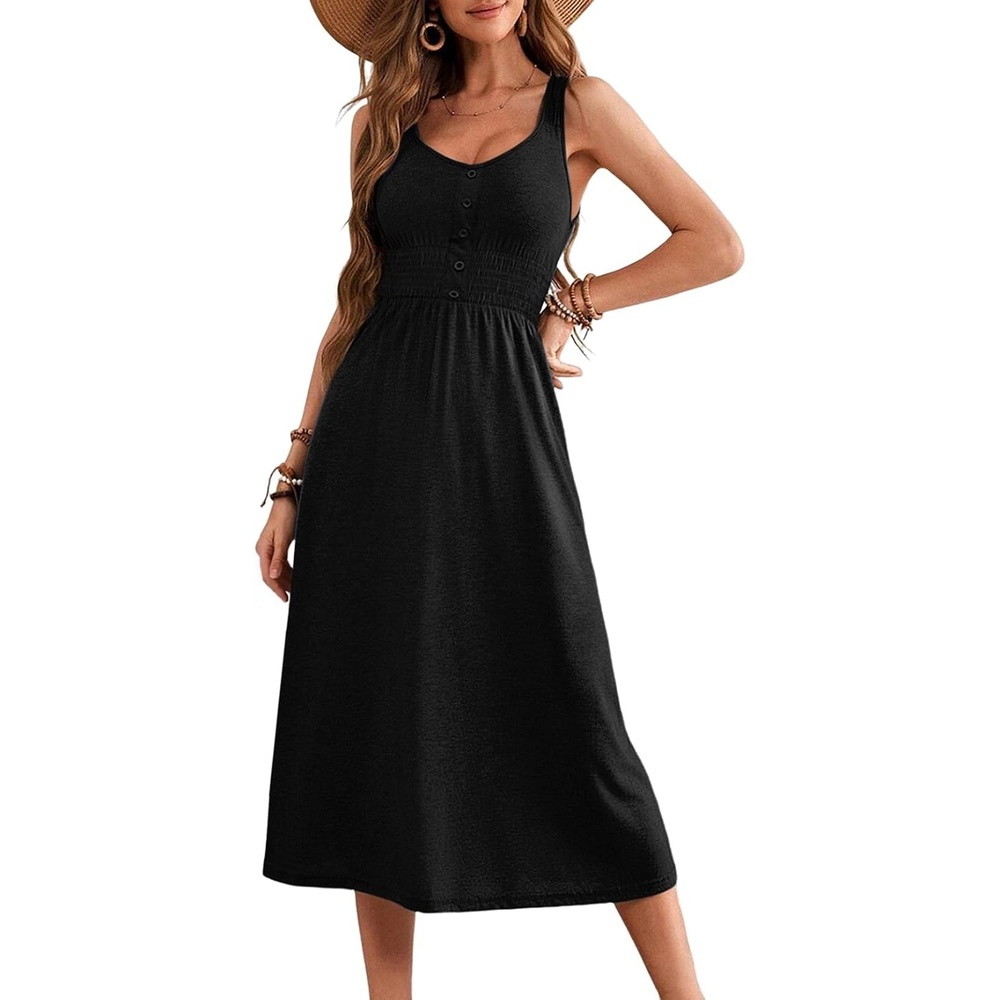 image:imageDokotoo Womens Summer Dresses 2025 Sleeveless Button Down Smocked Empire Waist Casual ALine Swing Midi Dress SundressBlack