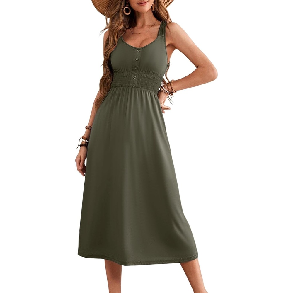 image:imageDokotoo Womens Summer Dresses 2025 Sleeveless Button Down Smocked Empire Waist Casual ALine Swing Midi Dress SundressJungle Green