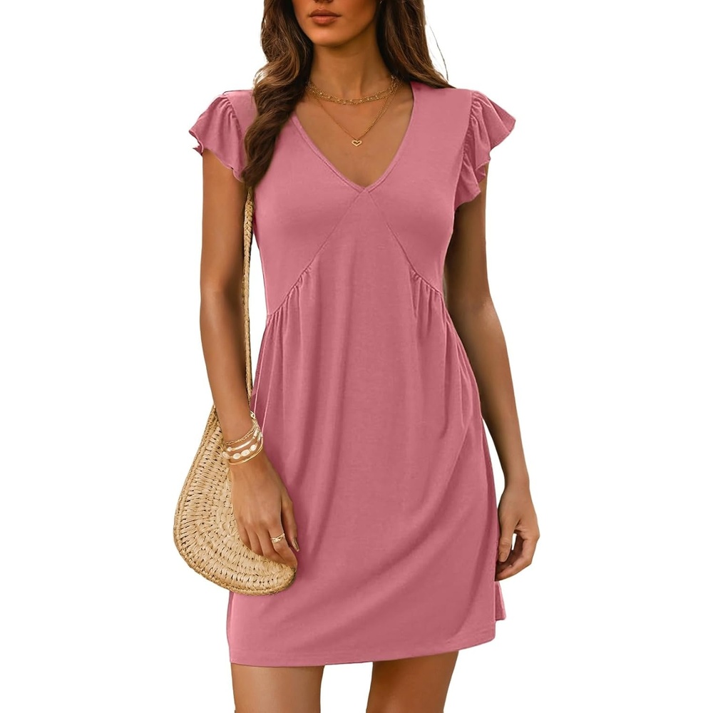 image:imageDokotoo Womens Summer Dresses Beach 2026 Sundress Ruffle Sleeve Mini DressPeach Blossom