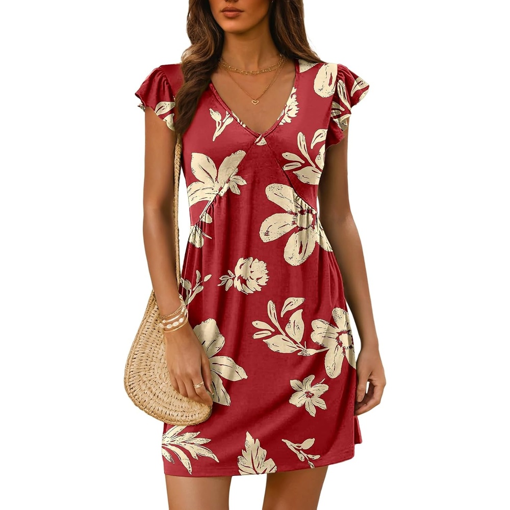 image:imageDokotoo Womens Summer Dresses Beach 2026 Sundress Ruffle Sleeve Mini DressZ Red