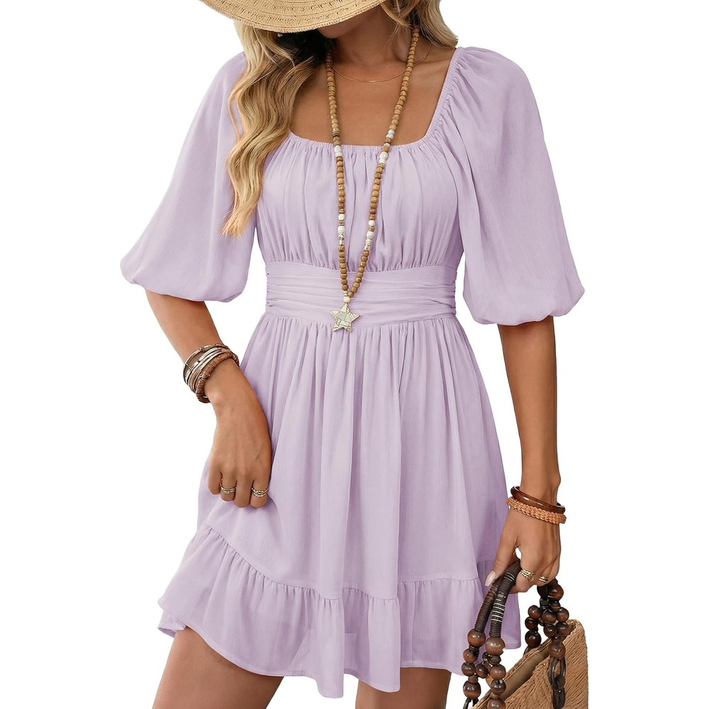 image:imageDokotoo Womens Summer Dresses Square Neck Tie Back Lantern Sleeve Ruffle ALine Casual Dress3 Light Purple