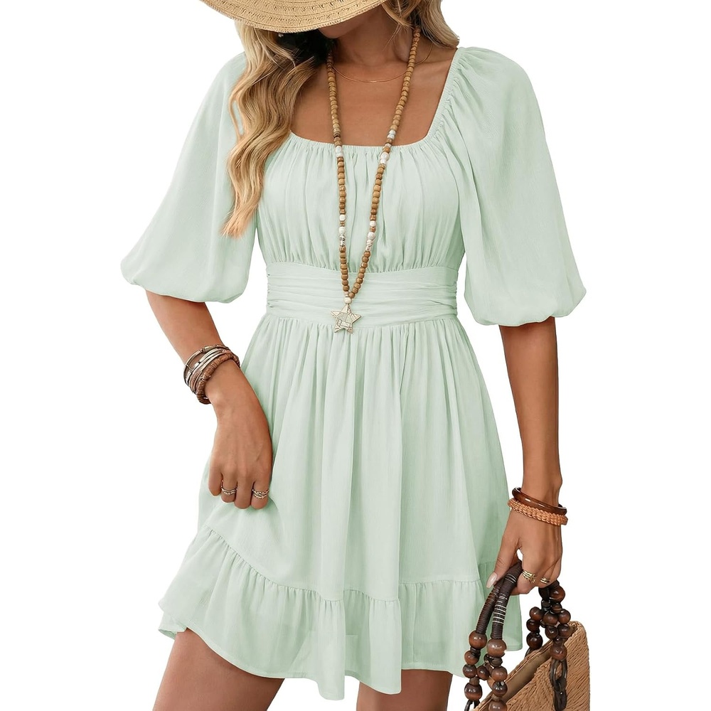 image:imageDokotoo Womens Summer Dresses Square Neck Tie Back Lantern Sleeve Ruffle ALine Casual Dress7 Mint Green
