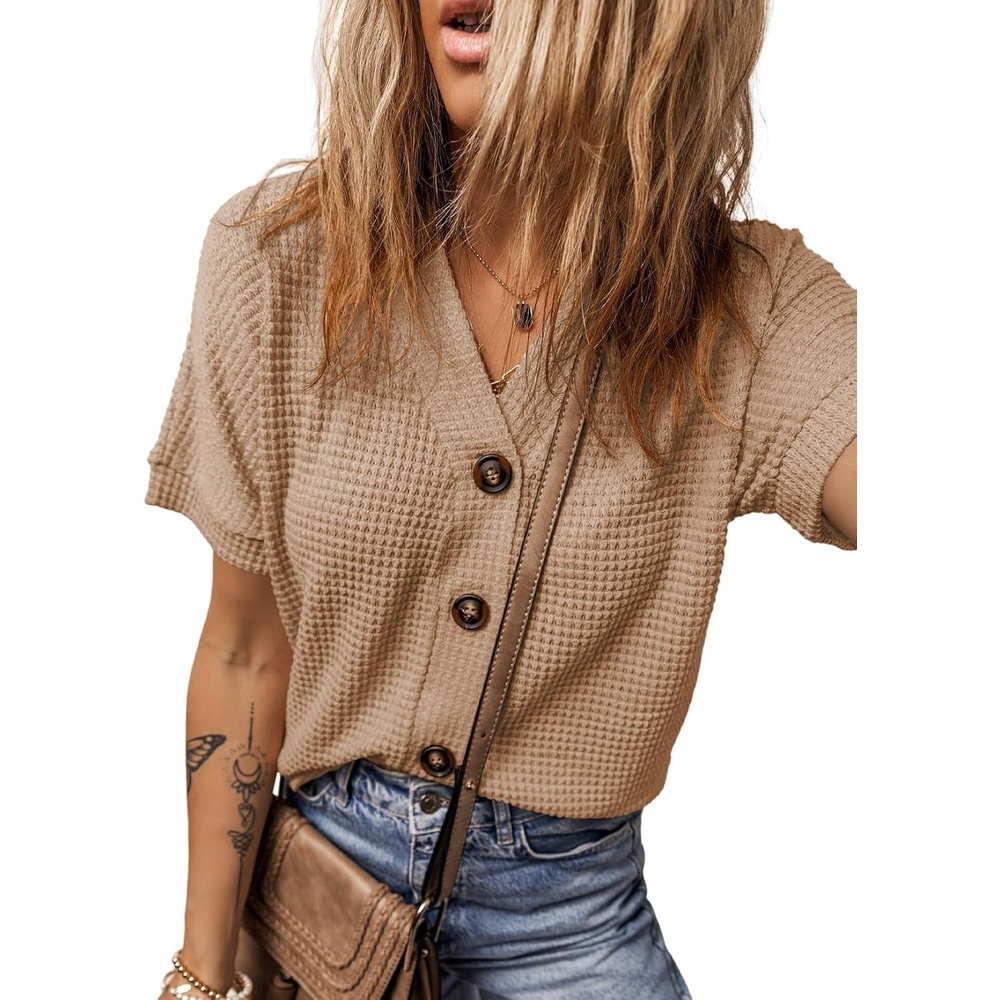 image:imageDokotoo Womens Summer Tops 2026 Waffle Knit Button Down ShirtsBeige
