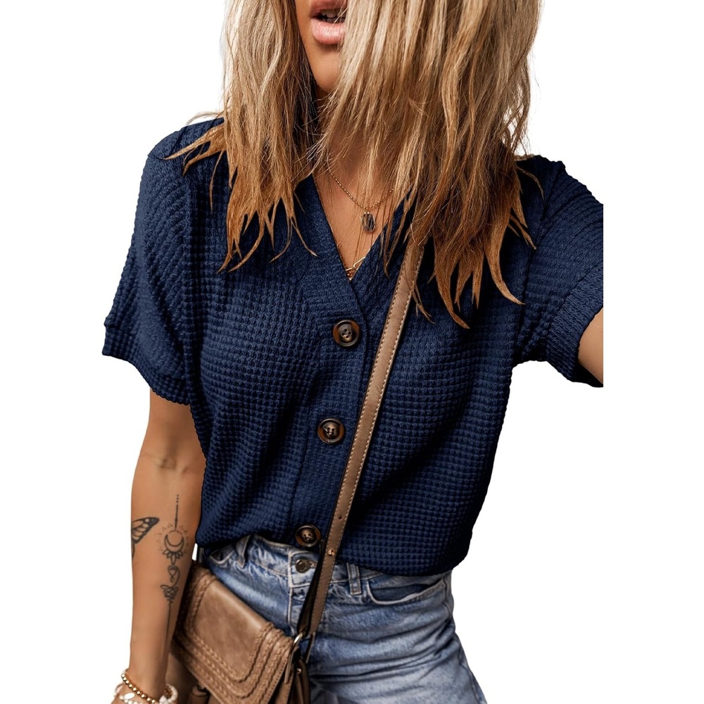 image:imageDokotoo Womens Summer Tops 2026 Waffle Knit Button Down ShirtsBlue