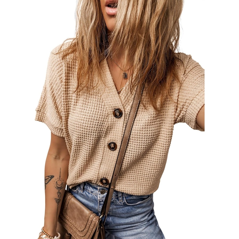 image:imageDokotoo Womens Summer Tops 2026 Waffle Knit Button Down ShirtsBrown