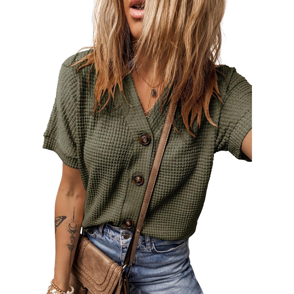 image:imageDokotoo Womens Summer Tops 2026 Waffle Knit Button Down ShirtsGreen