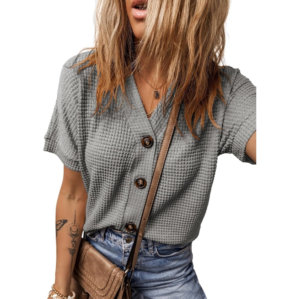 image:imageDokotoo Womens Summer Tops 2026 Waffle Knit Button Down ShirtsGrey