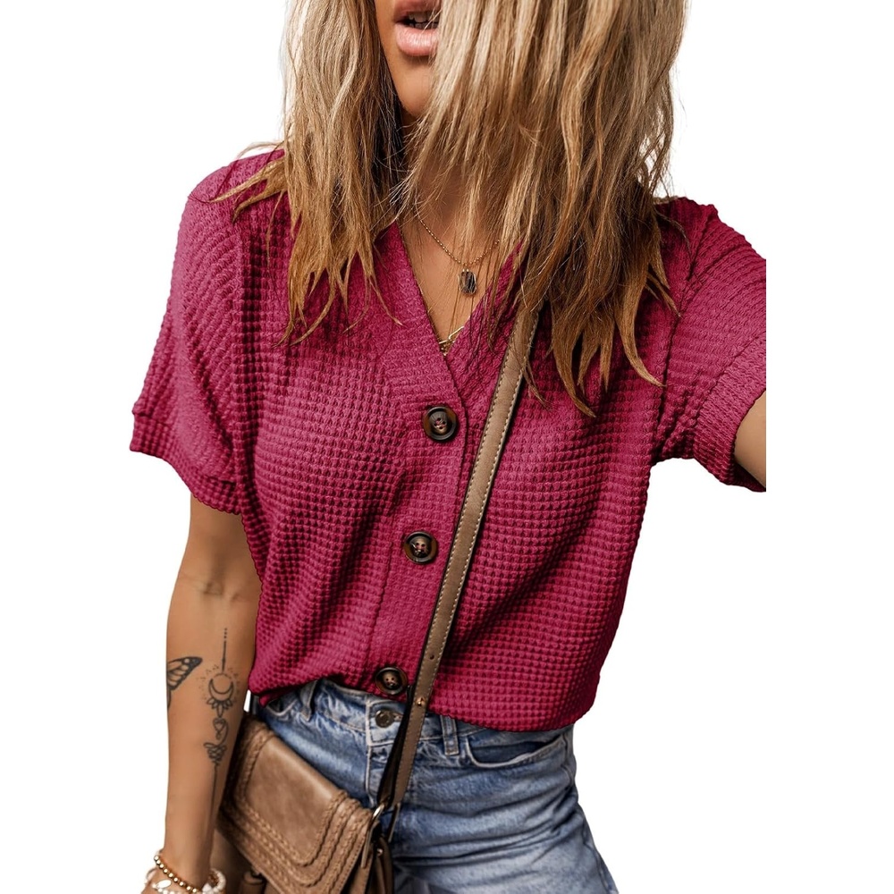 image:imageDokotoo Womens Summer Tops 2026 Waffle Knit Button Down ShirtsVine Red