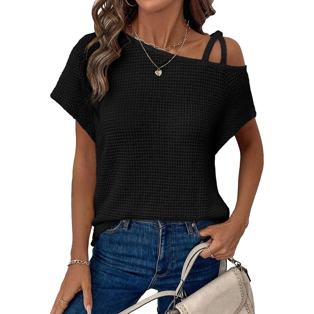 image:imageDokotoo Womens Summer Tops Off One Shoulder Waffle Knit Short Sleeve TShirts Casual Lightweight Solid Color BlousesBlack