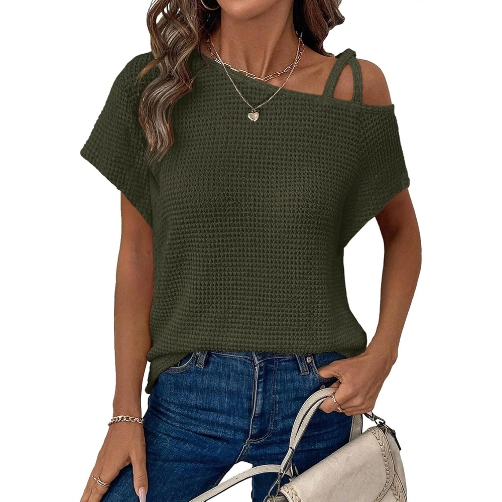 image:imageDokotoo Womens Summer Tops Off One Shoulder Waffle Knit Short Sleeve TShirts Casual Lightweight Solid Color BlousesGreen