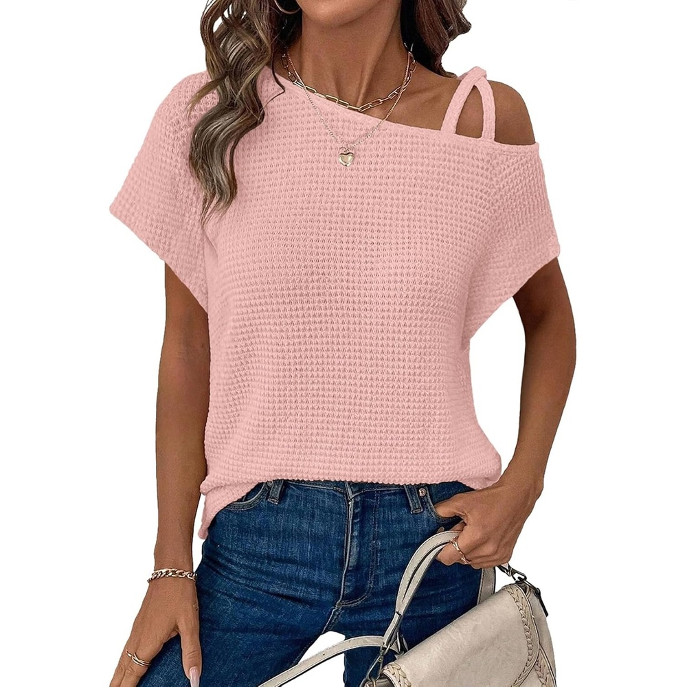 image:imageDokotoo Womens Summer Tops Off One Shoulder Waffle Knit Short Sleeve TShirts Casual Lightweight Solid Color BlousesPink