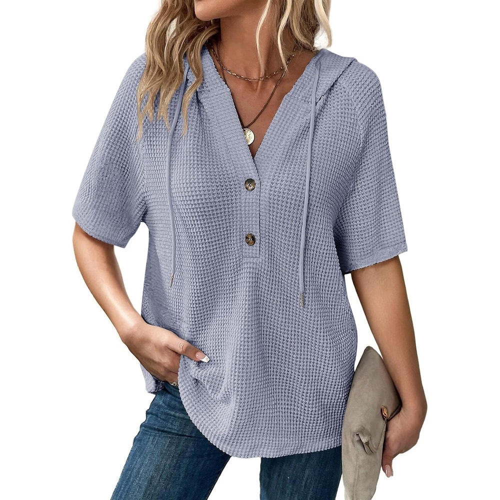 image:imageDokotoo Womens Summer Tops Waffle Knit Short Sleeve Lightweight Drawstring Hoodies Button V Neck Casual Blouses ShirtsBeau Blue