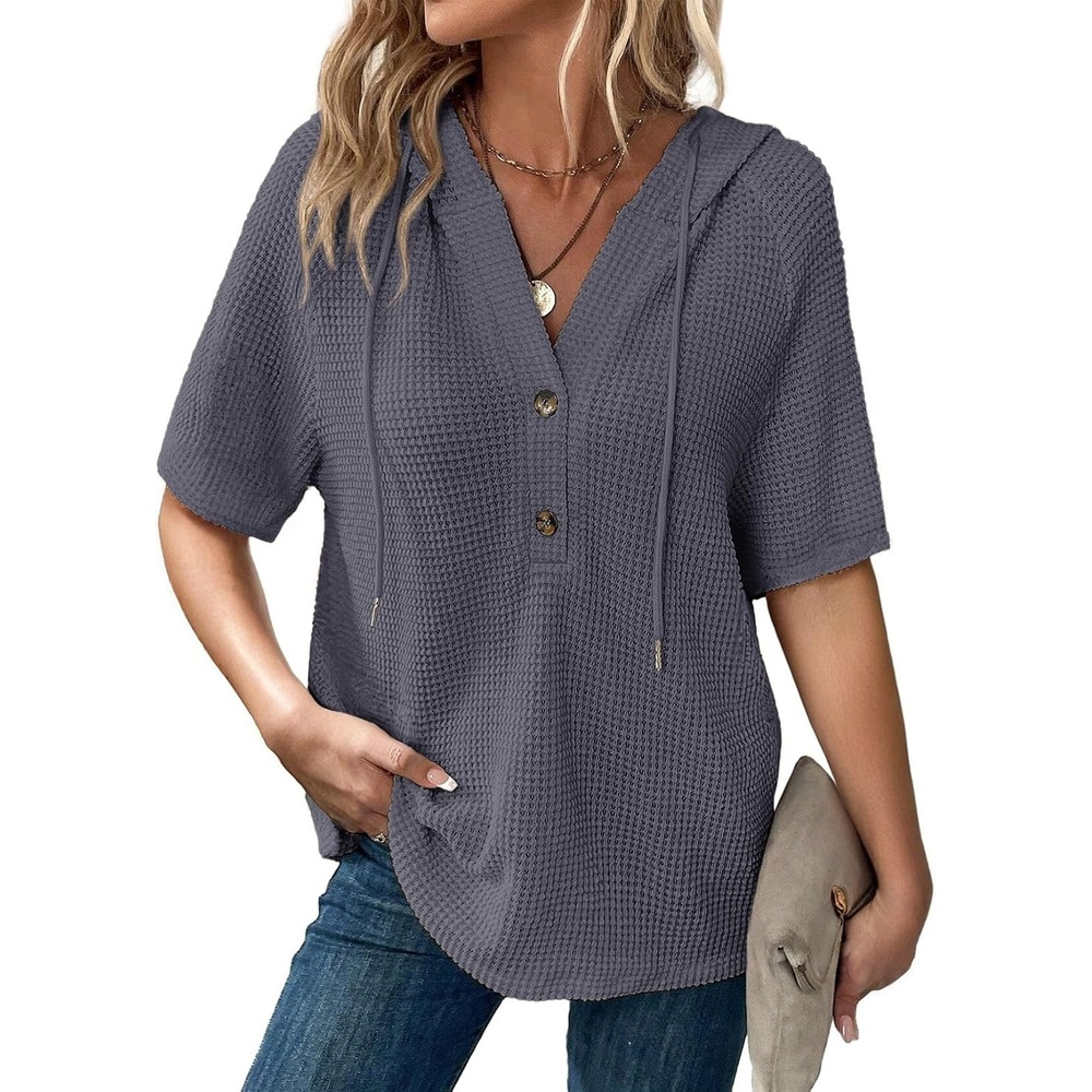 image:imageDokotoo Womens Summer Tops Waffle Knit Short Sleeve Lightweight Drawstring Hoodies Button V Neck Casual Blouses ShirtsDark Grey