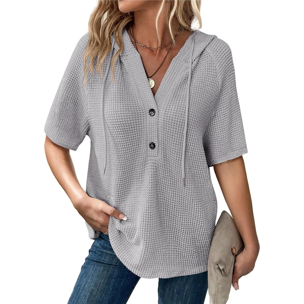 image:imageDokotoo Womens Summer Tops Waffle Knit Short Sleeve Lightweight Drawstring Hoodies Button V Neck Casual Blouses ShirtsGrey